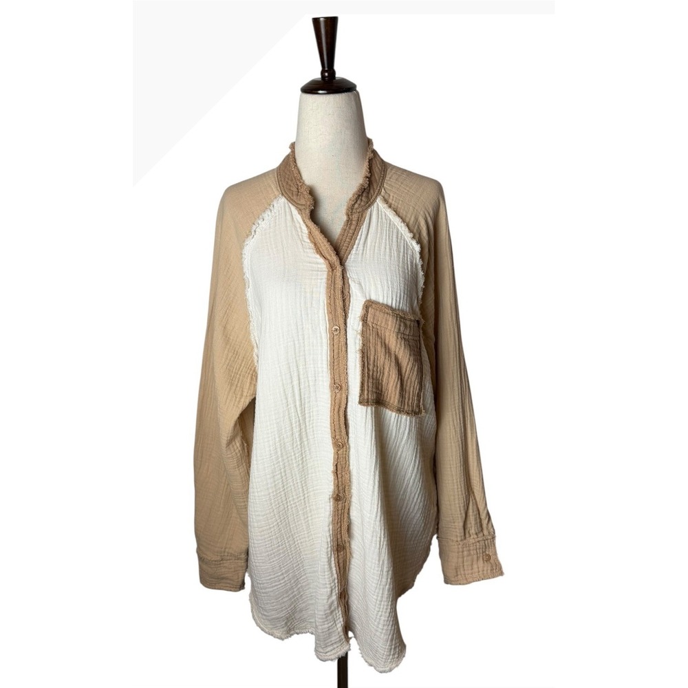 Aerie Gauzy Coverup Shirt Women XS Tan Ivory Colorblock Cotton Oversized - Picture 2 of 11
